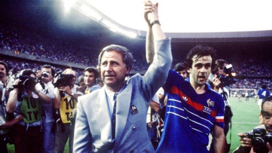 France Coach Michel Hidalgo (l) celebrates winning the European Championship with star player Michel Platini (r)