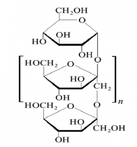 Figura 1 - Fórmula estrutural da inulina composta por uma cadeia de resíduos de frutose (mais precisamente fructofuranose) e um resíduo de glicose (mais precisamente glucopiranose) terminal, sendo n entre 10 a 60. O grau de polimerização total da inulina = n + 2.