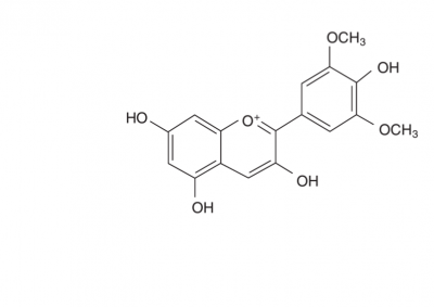 Figura 1 – Estrutura molecular da malvidina. Este composto fenólico vegetal é encontrado na uva e no vinho e confere um potencial antioxidante. Tem como peso molecular 331.3 g/mol e a sua fórmula molecular é C17H15O7+.