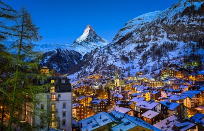 Aerial View on Zermatt Valley and Matterhorn Peak at Dawn, Switz